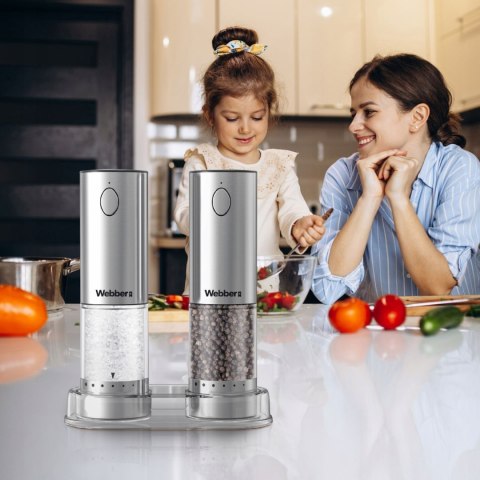 Elektryczny młynek do soli i pieprzu akumulatorowy USB zestaw 2 sztuki regulacja mielenia podświetlenie