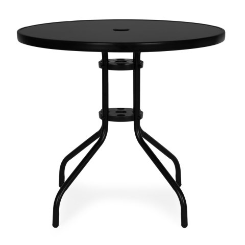 Stolik ogrodowy okrągły 80 cm szkło hartowane otwór na parasol czarny MultiGarden