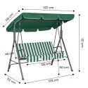 Huśtawka ogrodowa 3-osobowa bujana wolnostojąca stalowa w paski zielono-białe MultiGarden