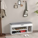 Szafka na buty z szarą poduszką i otwieranym siedziskiem 3 półki biała ModernHome