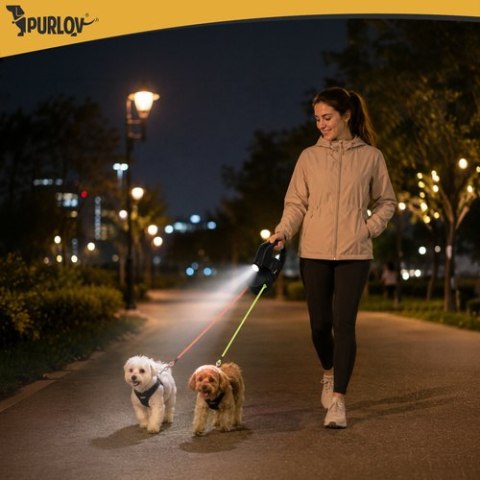 Smycz automatyczna podwójna z latarką 3m Purlov
