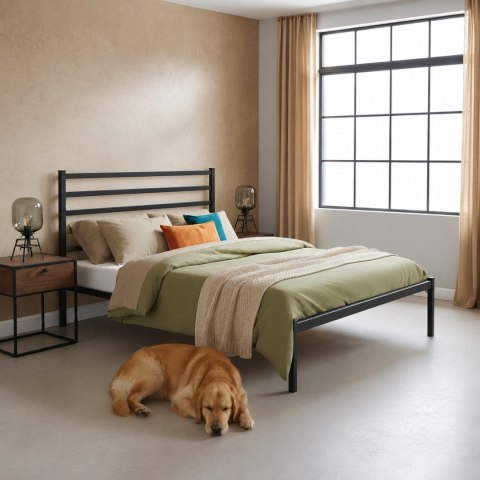 Łóżko metalowe 190x200 cm ze stelażem i zagłówkiem minimalistyczna czarna rama ModernHome