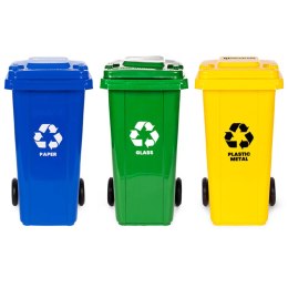 Zestaw 3 koszy na śmieci pojemniki 3x240L niebieski zielony żółty makulatura szkło plastik gumowe koła