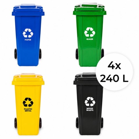 Zestaw 4 koszy na śmieci pojemniki 4x240L niebieski zielony żółty czarny makulatura szkło plastik odpady zmieszane gumowe koła