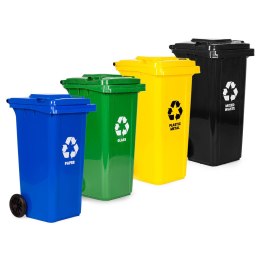 Zestaw 4 koszy na śmieci pojemniki 4x240L niebieski zielony żółty czarny makulatura szkło plastik odpady zmieszane gumowe koła