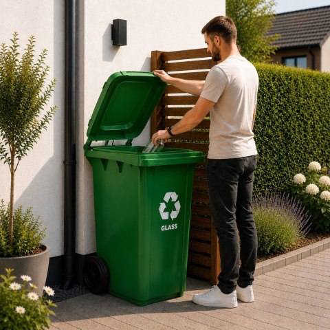 Zestaw 4 koszy na śmieci pojemniki 4x240L niebieski zielony żółty czarny makulatura szkło plastik odpady zmieszane gumowe koła
