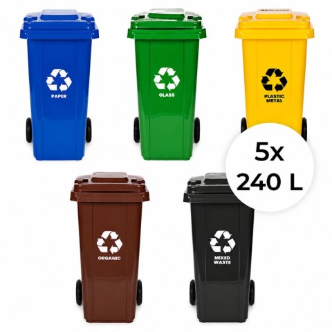 Zestaw 5 koszy na śmieci pojemniki 5x240L niebieski zielony żółty czarny brązowy makulatura szkło plastik odpady zmieszane BIO g