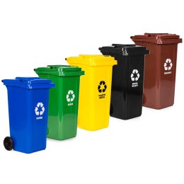 Zestaw 5 koszy na śmieci pojemniki 5x240L niebieski zielony żółty czarny brązowy makulatura szkło plastik odpady zmieszane BIO g
