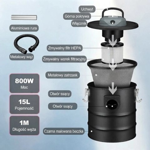 Przemysłowy odkurzacz kominkowy do pieca popiołu sadzy żaroodporny 15l 800W