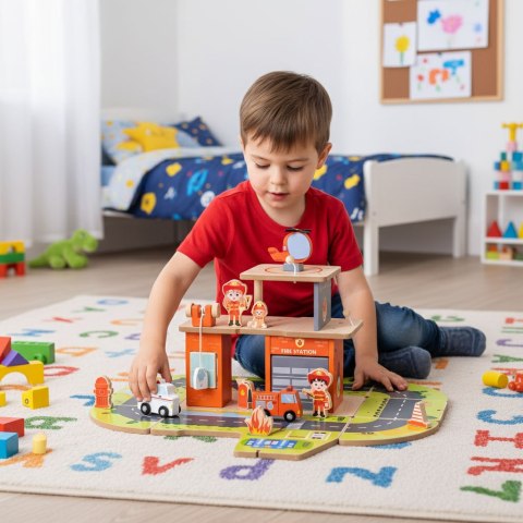 Drewniany garaż zestaw straży pożarnej 2w1 - remiza i wóz 2 piętra figurki pojazdy ECOTOYS