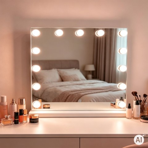 Lustro do makijażu LED 50x40 cm kosmetyczne podświetlane 3 barwy 13 żarówek ModernHome