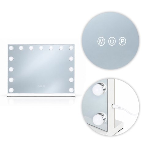 Lustro do makijażu LED 57x46 cm kosmetyczne podświetlane 3 barwy regulacja jasności 15 żarówek ModernHome