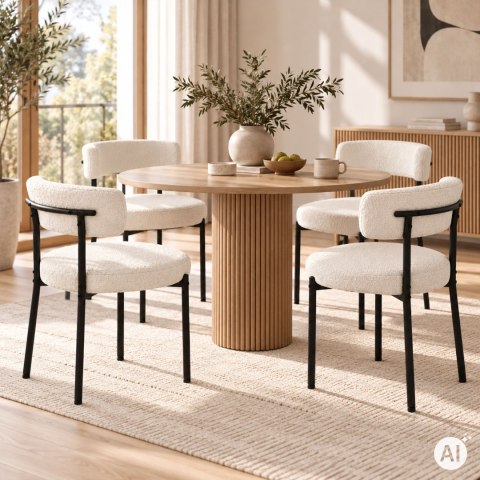 Krzesło tapicerowane nowoczesne do jadalni salonu tkanina boucle teddy białe ModernHome